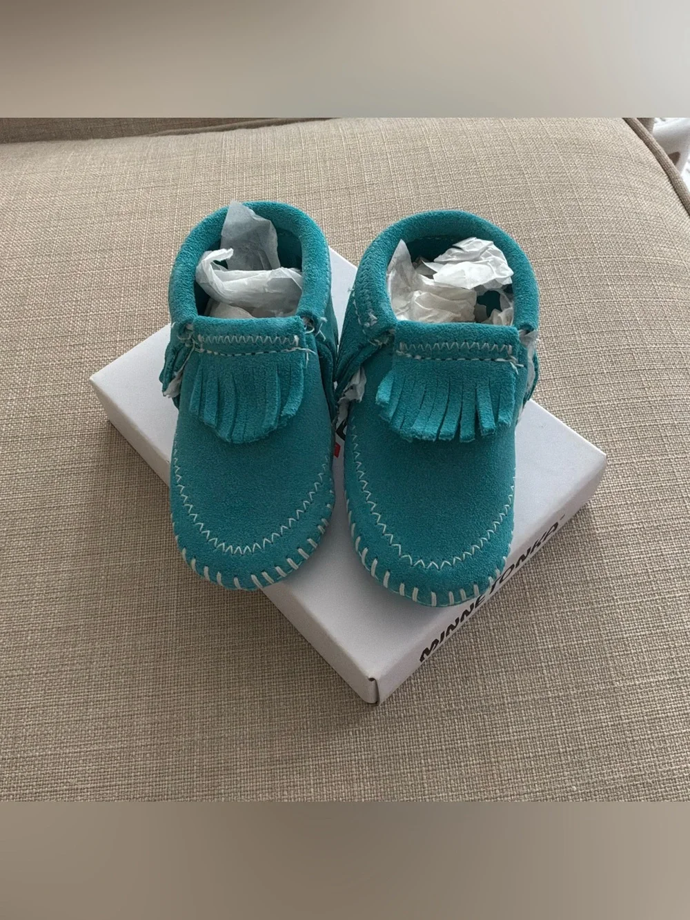 Infant Minnetonka Turquoise Suede Fringe Moccasins